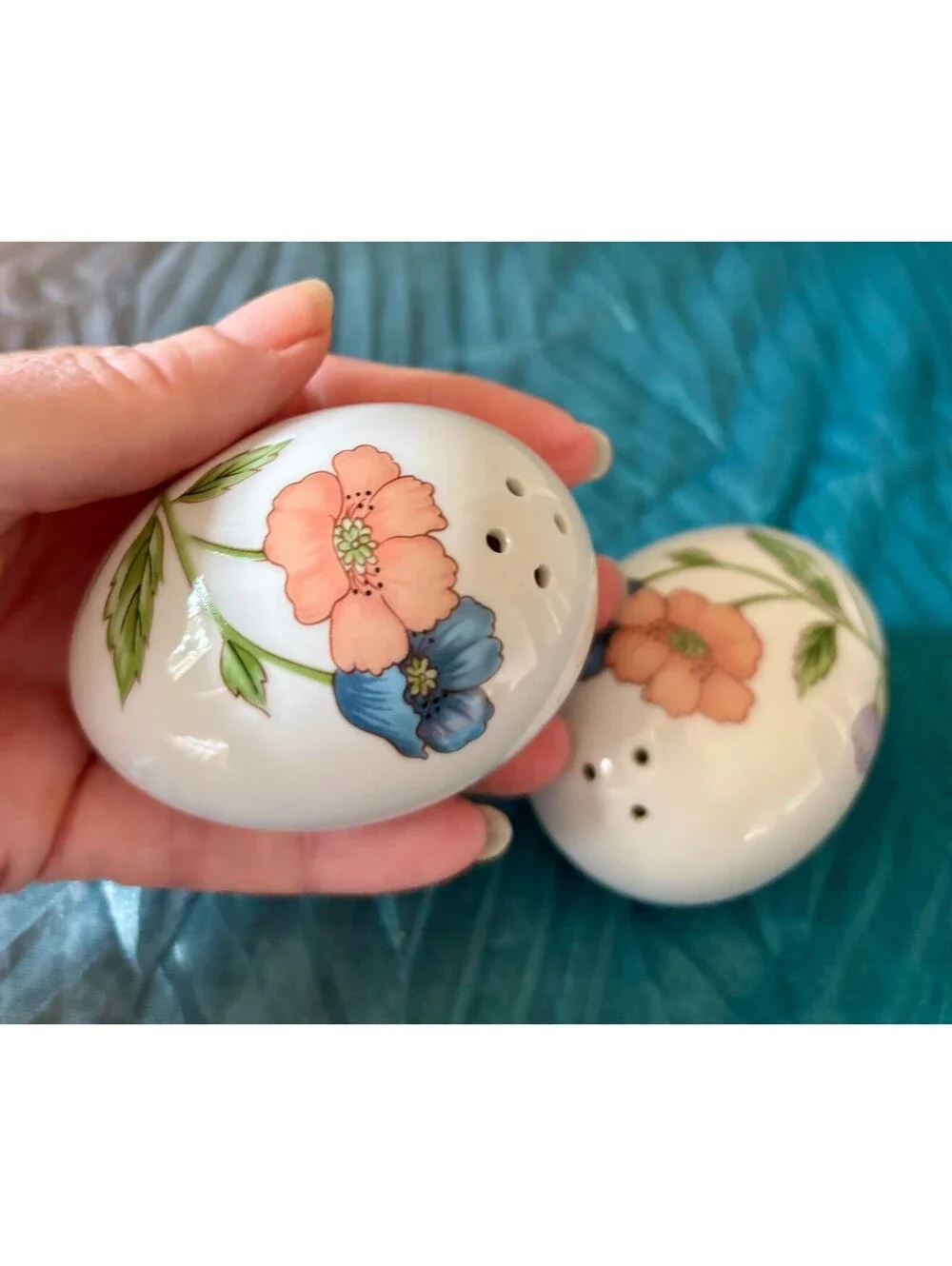 Vintage Floral Porcelain Salt Pepper Shakers Egg Shape Pink Blue Flowers